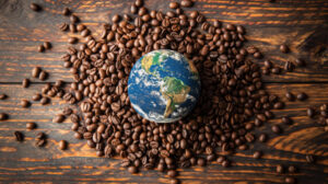 World map globe centered surrounded by coffee beans