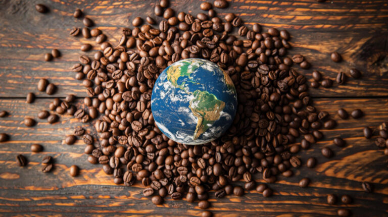 World map globe centered surrounded by coffee beans